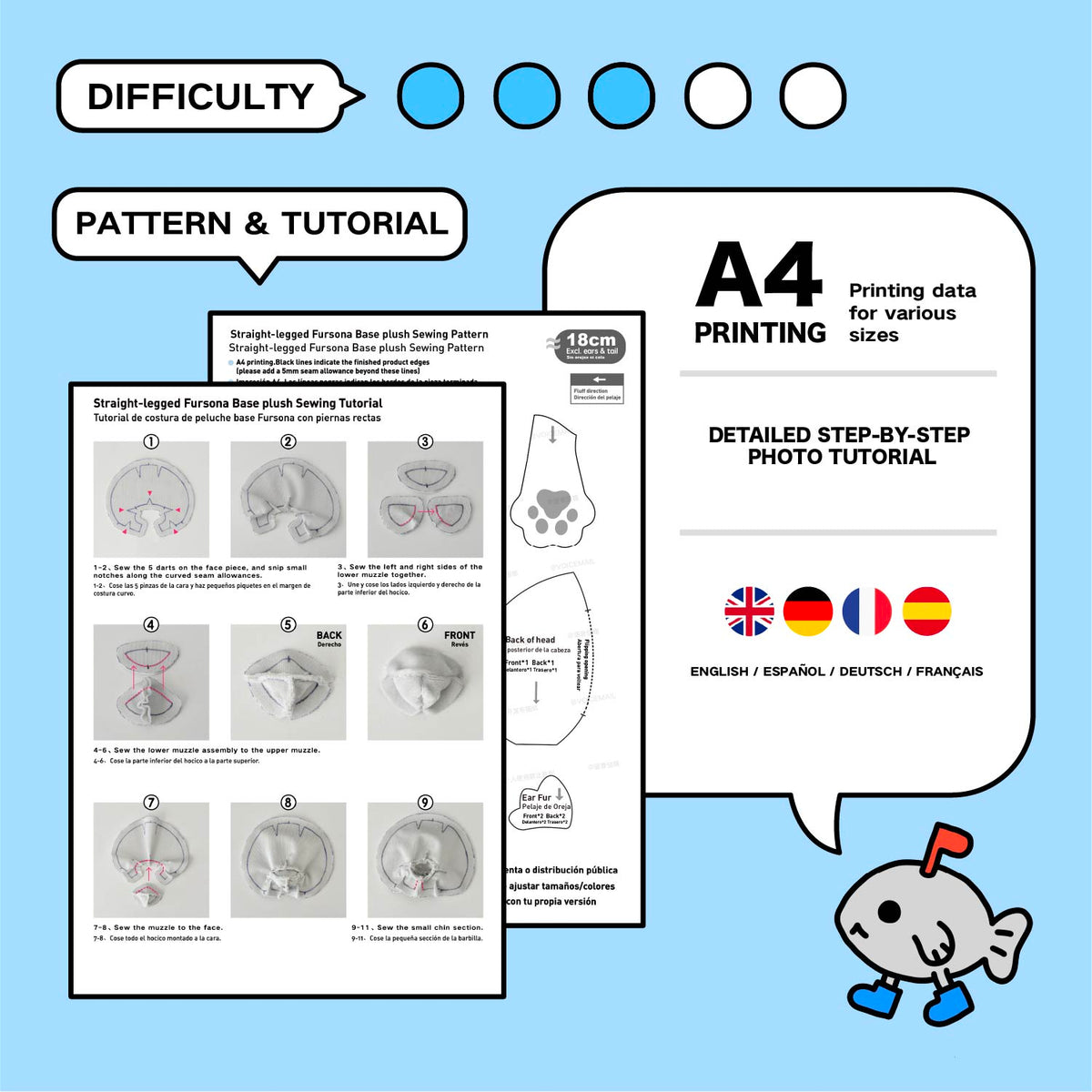 Straight‑legged Fursona Plush Sewing Pattern & Tutorial (18/25cm)